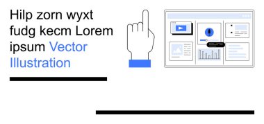 Teknoloji, dijital etkileşim, iletişim, kullanıcı arayüzü tasarımı, eğitim, çevrimiçi navigasyon. Metin ve simgelerle dijital ekrana el gösterimi. Teknoloji ve dijital etkileşim