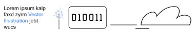 Teknoloji, veri depolama, bulut hesaplama, dijital analiz, kodlama, iletişim. İkili kod, bulut simgesi ve asgari bir düzende soyut elementler. Veri depolama ve dijital analiz kavramı