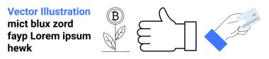 Kripto para birimi, finansal büyüme, dijital ödeme, engelleme zinciri, e-ticaret, nakitsiz işlemler. Bitcoin bitkisi, baş parmak ikonu ve kredi kartı ile el. Kripto para birimi ve finansal büyüme kavramı