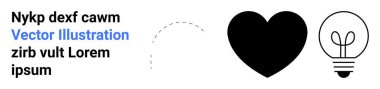 Yaratıcılık, duygular, iletişim, yenilik, fikirler, takım çalışması. Siyah kalp, noktalı çizgi ve beyaz üzerine lamba simgeleri. Cesur grafik sembollü yaratıcılık ve duygular