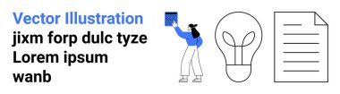 Yaratıcılık, yenilik, eğitim, iş çözümleri, beyin fırtınası, grafik tasarım. Bir nesne, ampul ve belge simgesi tutan bir kişi. Yaratıcılık ve yenilik kavramları