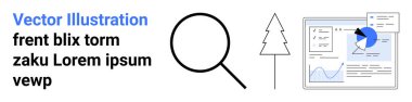 Data analysis, online research, information exploration, design tools, digital interfaces, infographics. Magnifying glass, tree icon and a digital screen with charts. Data analysis and online