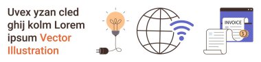 İş, teknoloji, bağlantı, dijital çözümler, yenilik, e-ticaret. Ampul, kablosuz sinyalli küre ve fatura elementleri. Bağlantı ve dijital çözümler kavramı