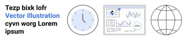 Zaman yönetimi, veri analizi, teknoloji, küresel bağlantı, iş stratejisi, dijital iletişim. Saat, veri görselleştirmesi ve küresel sembollü gösterge paneli. Zaman yönetimi ve veriler