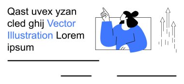 Bilgi, eğitim, iletişim, iş stratejisi, yaratıcı tasarım, verimlilik. Metin ve ok grafikleri arasında yukarı doğru hareket eden bir kadın. Bilgi grafikleri ve eğitim kavramı