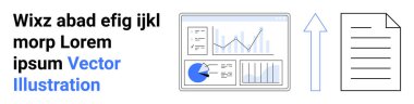 Grafikler ve grafikler içeren analitik gösterge paneli, yukarı doğru hareketi gösteren ok ve bir belge simgesi. Veri analizi, rapor oluşturma, iş ilerlemesi, iş akışı otomasyonu, dijital