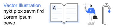 Eğitim, yenilik, bilgi paylaşımı, kaynak yönetimi, sürdürülebilirlik, yaratıcılık. Açık kitap, damlalı bir su musluğu olan adam. Eğitim ve yenilik kavramı