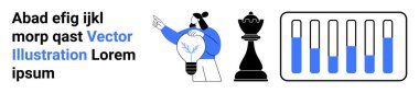 Ampul, satranç taşı, stratejiyi sembolize eden fikir kavramına ve ilerlemeyi gösteren çubuk grafiğine işaret eden kişi. Yenilik, strateji, veri güdümlü kararlar, takım çalışması ve eğitim için ideal