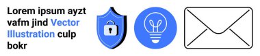 Siber güvenlik, yenilik, iletişim, fikirler, güvenli mesajlaşma ve teknoloji. Kilitli mavi bir kalkan, bir ampul ve bir zarf simgesi. Siber güvenlik ve yenilik kavramları