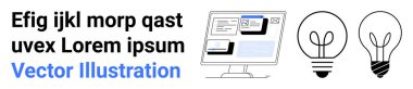 Dijital yaratıcılık, çalışma alanı tasarımı, modern teknoloji, yenilik kavramları, sunumlar, eğitim. Metin ve uygulama pencereleriyle ampul simgelerini görüntüle. Dijital yaratıcılık ve yenilik kavramları