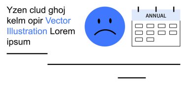 Olay hatırlatmaları, program yönetimi, ruh hali takibi, yıllık planlama, son teslim tarihi farkındalığı, geri bildirim sistemleri. Mavi üzgün surat ve yıllık takvim. Olay anımsatıcıları ve zamanlama yönetimi kavramları