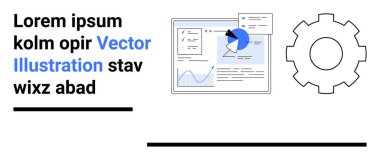 Veri analizleri, iş sezgileri, teknoloji, kullanıcı arayüzü, otomasyon ve iş akışı. Ekranda grafik ve çizelgeler ve vites simgesi. Veri analizi ve iş anlayışı kavramı