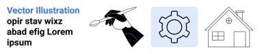 Yaratıcılığı tasvir eden el fırçası, dekorasyonu ya da mühendisliği sembolize eden dişli ve mimariyi ya da evi temsil eden ev. Yaratıcılık, inşaat, tasarım, sistem, mühendislik için ideal