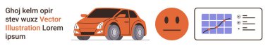 Otomotiv endüstrisi, duygu analizi, veri görselleştirme, istatistik, iş analizleri, teknoloji. Turuncu araba çizimi, nötr duygu yüz veri grafiği. Otomotiv ve veri görselleştirme