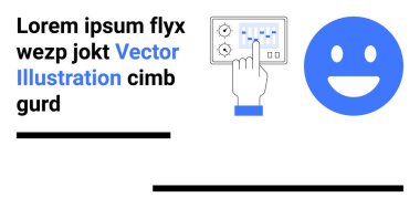 Kullanıcı arayüzü, dijital etkileşim, iletişim, ruh hali, modern teknoloji, tasarım kavramları. Mavi mutlu yüzün yanında kontrol paneliyle etkileşime giren bir el. Kullanıcı arayüzü ve dijital