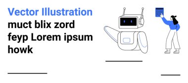 Yapay zeka, robot bilimi, teknoloji eğitimi, fütüristik iletişim, dijital kavramlar, etkileşimli araçlar. Elinde dijital cihaz tutan bir kadınla bir robot. Yapay zeka