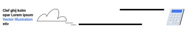 Bulut hesaplama, veri analizi, iş akışı otomasyonu, finansal teknoloji, bağlantı, dijital iletişim. Dinamik çizgilerle hesap makinesine bağlanan stilize bulutlar. Bulut hesaplama ve veri