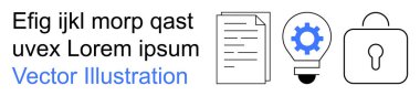 Teknoloji, siber güvenlik, yenilik, veri koruması, yaratıcı çözümler, belge yönetimi. Simgeler arasında bir belge, teçhizatlı ampul ve güvenli kilit yer alıyor. Siber güvenlik ve yenilik