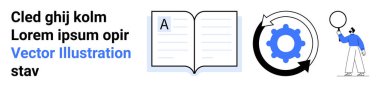 Eğitimi simgeleyen açık bir kitap, süreci ya da yeniliği temsil eden oklu dişliler, konuşma baloncuğu tutan kişi. Eğitim, iletişim, teknoloji, süreç, dil, yaratıcılık için ideal