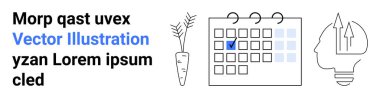 Zaman yönetimi, verimlilik planı, sürdürülebilir büyüme, beyin fırtınası, yenilik, hedef belirleme. Özellikler takvimi, havuç ikonu ve oklu kafa. Verimlilik ve büyüme kavramı