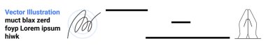 İnanç, el yazısı, maneviyat, minimalizm, dua, semboller. Minimalist tasarım el yazısı, yatay çizgiler ve dua eden eller. Minimalist şekillerle inanç ve maneviyat