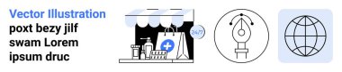 E-ticaret, grafik tasarımı, küresel iletişim, sağlık hizmetleri, dijital araçlar, teknoloji. Eczane vitrininde tıbbi ikonlar, kalem aleti simgesi ikonu var. E-ticaret ve grafik tasarımı