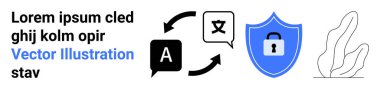 Dil hizmetleri, siber güvenlik, çeviri araçları, veri koruması, çevrimiçi güvenlik, güvenli iletişim. Metin çevirisinin simgeleri ve kilidi olan bir kalkan. Dil hizmetleri ve siber güvenlik