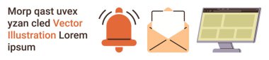 Dijital iletişim, e-posta bildirimi, kullanıcı arayüzü tasarımı, çevrimiçi uyarılar, web geliştirme, bilgi paylaşımı. Kırmızı zil, zarf bilgisayar monitörü. Dijital iletişim ve e- posta