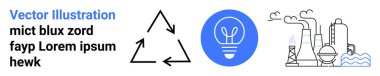 Yenilenebilir enerji, sürdürülebilirlik, geri dönüşüm, yenilik, çevresel koruma, enerji üretimi. Geri dönüşüm sembolü, ampul ikonu ve endüstriyel fabrika. Yenilenebilir enerji
