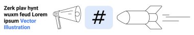 Pazarlama için megafon, dijital trendler için meta veri etiketi ve hızı simgeleyen roket. Markalaşma, girişim, yenilik, iletişim, reklam, sosyal medya kampanyaları için ideal