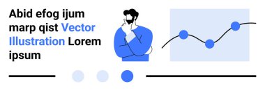 Bağlı veri noktaları, yüzen daireler ve basit metin elemanları olan bir büyüme grafiğinin yanında düşünceli bir duruş sergileyen adam. Analiz, strateji, büyüme, iş anlayışı, planlama ve veriler için ideal