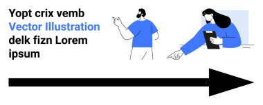 İş stratejisi, takım çalışması, işbirliği, sunumlar, iş yeri planlaması, yön. İki figür tartışıyor ve büyük bir okla bir yönü işaret ediyor. İş stratejisi ve takım çalışması kavramı