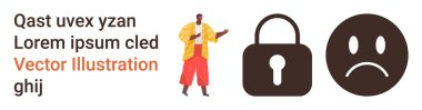 Siber güvenlik, gizlilik koruması, duygular, veri güvenliği, kimlik yönetimi, iletişim. Kilidin yanında el kol hareketi yapan ve üzgün bir yüz sembolü olan biri. Siber güvenlik ve gizlilik koruma kavramı