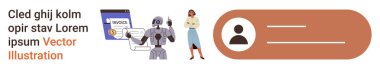 Yapay zeka, otomasyon, fintech, kimlik doğrulama, dijital sistemler, ödeme işlemleri. Yapay zeka robot yönetim faturası, kadın figürü kullanıcı profili. Otomasyon ve fintech