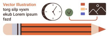 Üretkenlik, yaratıcılık, zaman yönetimi, tasarım iş akışı, görev organizasyonu, planlama. Saat, kalem listesi resim küçük resmi ve renk paleti. Üretkenlik ve yaratıcılık kavramı