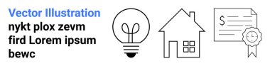 Yenilik, gayrimenkul, sertifika, yaratıcılık, ev sahipliği, başarı. Minimalist siyah beyaz ampul, kurdele ikonlu ev ve sertifika. Yenilik ve emlak kavramı