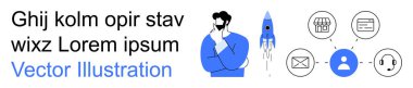 İş stratejisi, teknoloji bağlantıları, yenilik, iletişim araçları, girişimcilik, modern ağ. İkonların bağlanabilirliği ve gelişimi ile düşünen bir adam. İş stratejisi ve teknoloji