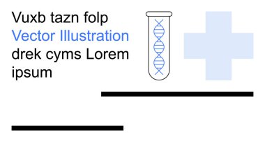 Bilim araştırmaları, biyoteknoloji, laboratuvar çalışmaları, genetik, sağlık hizmetleri, tıbbi hizmetler. Tıbbi haç ve yer tutucu metnin yanında bir test tüpünde DNA ipliği var. Genetik ve sağlık konsepti