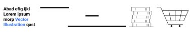 Görseller arasında eğitim, çevrimiçi alışveriş, tipografi, örgüt, dijital araçlar ve ticaret yer alıyor. Özellikleri soyut metin, satır kitap yığını ve bir alışveriş arabası ikonu. Eğitim ve online alışveriş
