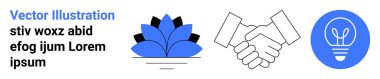 Takım çalışması, yenilik, profesyonellik, ortaklık, fikir üretimi, uyum. El sıkışma, mavi nilüfer çiçeği ve ampul ikonları. Takım çalışması ve yenilik konsepti sembolik betimlemeyi kullanır