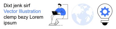 Yenilik, küresel bağlantı, teknoloji, çevrimiçi çalışma, fikir üretimi, verimlilik. Dizüstü bilgisayarla çalışan kişi, dünya silueti ampulü ve teçhizat. Yenilik ve küresel bağlantı kavramı