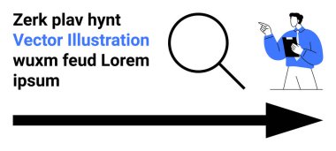 Keşif, navigasyon, araştırma, yön, analiz, veri görselleştirme. Diyagram, büyüteç, ok ve işaret eden birini içeriyor. Keşif ve seyrüsefer konsepti