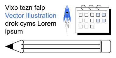 Verimlilik, eğitim, organizasyon, yaratıcılık, planlama, tasarım. Bir roket, bir kalem bir takvim ve metin elementleri. Planlama ve eğitime odaklı yaratıcılık ve üretkenlik kavramı