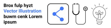 İletişim, sağlık, sosyal paylaşım, yenilik, teknoloji, yaratıcı fikirler. Metinli bir ağ simgesi, steteskop ve ampul tasarımı. İletişim ve sağlık konsepti