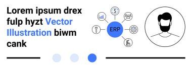 İşlem simgelerine bağlı merkezi ERP çemberi dolar, dişliler, grafik, kullanıcı profili. İş, yönetim, teknoloji, sistem entegrasyonu, organizasyon sade iniş sayfası için ideal