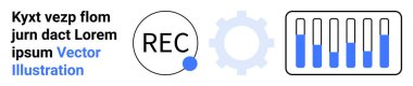 Dişli simgesi, REC etiketli kayıt düğmesi ve mavi seviyeli işlem çubukları. Teknoloji, otomasyon, performans takibi, ses ve video kaydı, yazılım UI, ilerleme için ideal