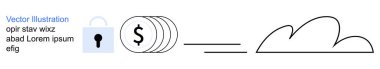 Bulut deposu, siber güvenlik, finansal güvenlik, veri koruması, yatırım, dijital bankacılık. Kilit, madeni para yığını ve bulut hatları minimalist tarzda. Bulut depolama ve siber güvenlik