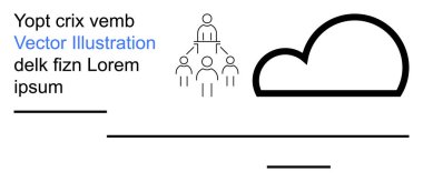 Teknoloji, takım çalışması, bulut depolama, organizasyonel yapı, iletişim, dijital arayüz. Bulutları, insanları ve çizgileri gösteren minimalist bir simge. Bulut depolama ve takım çalışması kavramı
