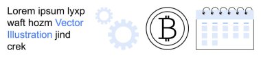 Finans, kripto para, engelleme zinciri, iş planlaması, otomasyon, gelecekteki teknoloji. Bitcoin sembolü, takvim dişlileri. Kripto para birimi ve engelleme zinciri kavramı