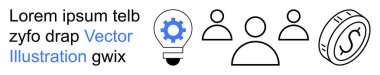 Ticari yenilik, yaratıcı çözümler, takım çalışması, fikir geliştirme, finansal başarı, işbirliği. Dişli ikonlu ampul, insan şekilleri ve bozuk para sembolü. Yaratıcılık ve takım çalışması kavramları